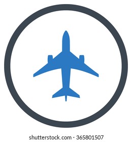 Jet Plane vector icon. Style is bicolor flat circled symbol, smooth blue colors, rounded angles, white background.
