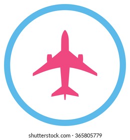 Jet Plane vector icon. Style is bicolor flat circled symbol, pink and blue colors, rounded angles, white background.
