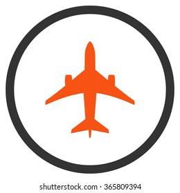 Jet Plane vector icon. Style is bicolor flat circled symbol, orange and gray colors, rounded angles, white background.