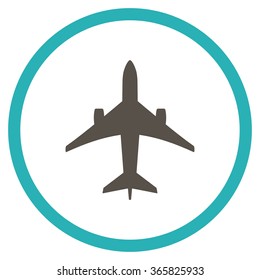 Jet Plane vector icon. Style is bicolor flat circled symbol, grey and cyan colors, rounded angles, white background.
