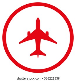 Jet Plane vector icon. Style is flat circled symbol, red color, rounded angles, white background.