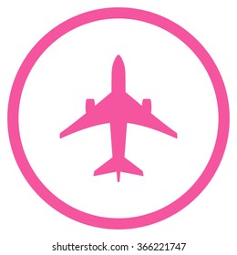 Jet Plane vector icon. Style is flat circled symbol, pink color, rounded angles, white background.