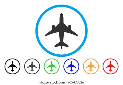 Jet Plane vector rounded icon. Image style is a flat gray icon symbol inside a blue circle. Bonus color versions are gray, black, blue, green, red, orange.