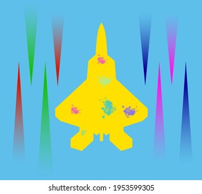 jet plane in yellow and tapered stripes of different colors with a gradient at the bottom and at the top on a blue background 