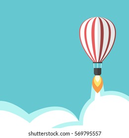 Jet propelled hot air balloon on turquoise blue sky background with flame, vapour and clouds. Creativity, start up and idea concept. Flat design. EPS 8 vector illustration, no transparency