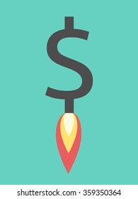 Jet Rocket Dollar With Flame Rising Upwards. Increase, Exchange Rate, Money, Finance, Financial Market Concept. EPS 8 Vector Illustration, No Transparency