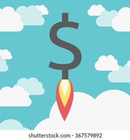 Jet Rocket Dollar With Flame Rising Above Clouds In Blue Sky. Currency, Exchange Rate, Money, Finance, Banking, Financial Market Concept. EPS 8 Vector Illustration, No Transparency