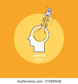 Jet rocket dollar with flame rising upwards from a human brain. vector illustration