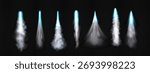 Jet rocket fire streams with blue flames and white smoke for propulsion effects. Spaceship exhaust trails or turbo boost elements on transparent background. Engine thrust visual assets collection.