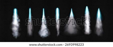 Jet rocket fire streams with blue flames and white smoke for propulsion effects. Spaceship exhaust trails or turbo boost elements on transparent background. Engine thrust visual assets collection.