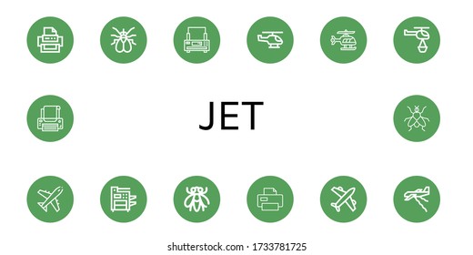 jet simple icons set. Contains such icons as Printer, Fly, Helicopter, Plane, Photocopier, Airplane, can be used for web, mobile and logo