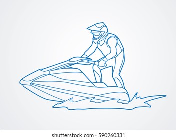 Jet ski action outline graphic vector.