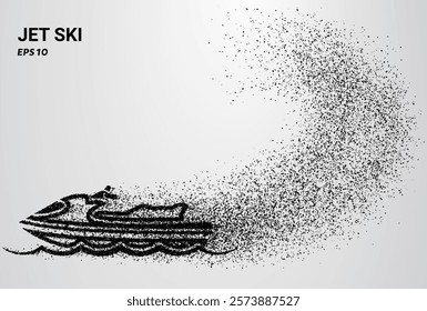 A jet ski composed of small circles and dots, with particles swirling around it. Vector illustration.