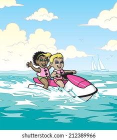 Jet Ski Girls. Illustration of two girls playing on a jet ski.