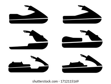 Jet ski icons set. Collection of sport water emblem. Flat set of jet ski vector icons for web design in glyph style, isolated on white background