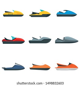 Jet ski icons set. Flat set of jet ski vector icons for web design