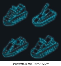 Jet ski icons set. Isometric set of jet ski vector icons neon color on black