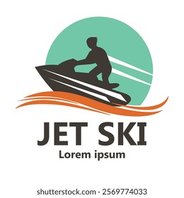 Jet Ski Logo Design with Rider Silhouette and Wavy Waves