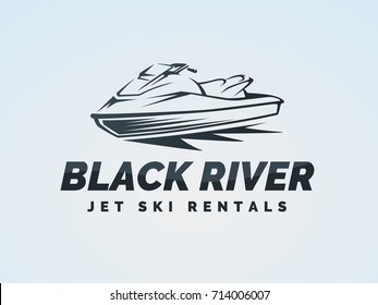 Jet ski logo on blue background. Water scooter vector illustration.