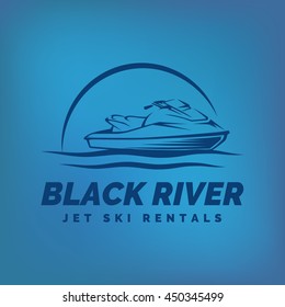 Jet ski rental emblem on gradient blue background. Water scooter logo.