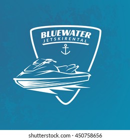 Jet ski rental emblem on grunge blue background. Water scooter logo.