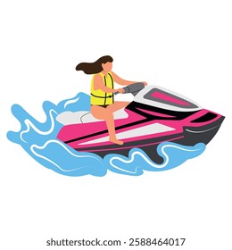 jet ski riding, woman on the water holding the steering wheel, vacation, vacation, travel, vector illustration