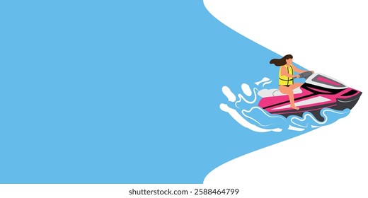 jet ski riding, WOMAN on the water holding the steering wheel, vacation, holidays, travel, vector illustration, BANNER, FOR INscription AND TEXT