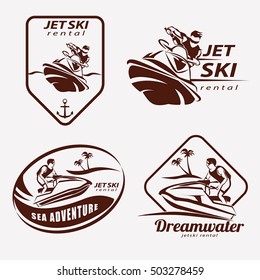 jet ski set of stylized vector symbols, emblem and label or logo template