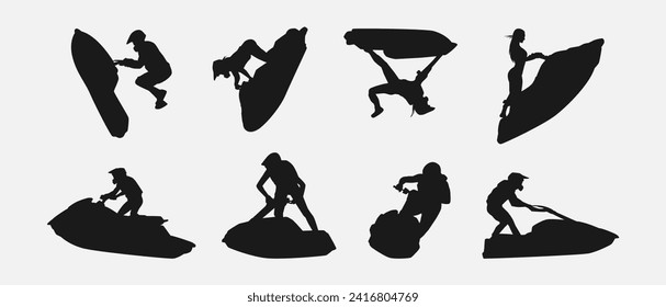 jet ski silhouette collection set. sport, race, vehicle, vacation concept. different actions, poses. monochrome vector illustration.