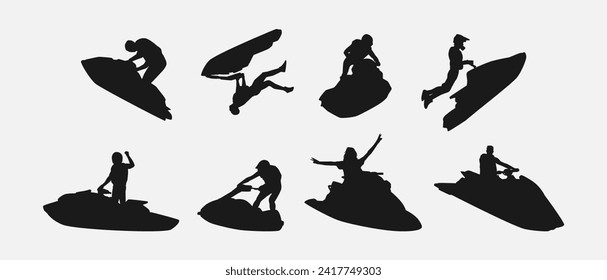 jet ski silhouette collection set. sport, race, vehicle, vacation concept. different actions, poses. monochrome vector illustration.