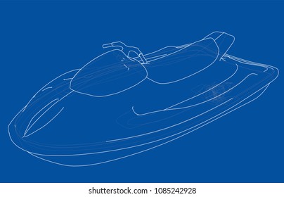 Jet ski sketch. Vector rendering of 3d. Wire-frame style. The layers of visible and invisible lines are separated