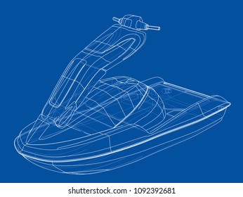 Jet ski sketch. Vector rendering of 3d. Wire-frame style. The layers of visible and invisible lines are separated
