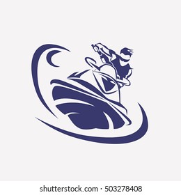 jet ski stylized vector symbol,  rider on jet ski silhouette, logo or emblem template