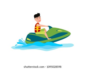 Jet ski summer activity sea, man wears life-jacket and smiles, seasonal sport with splashes of water vector illustration, isolated on white