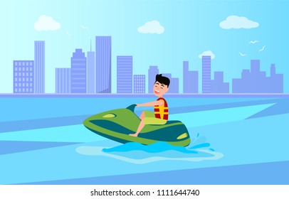 Jet ski summer activity sea, man wearing life-jacket and smiling, water activities among ocean splashes vector illustration on cityscape background.
