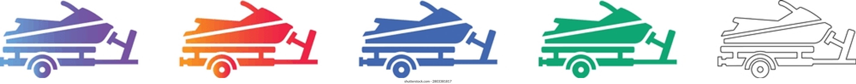 Jet ski trailer icon set with gradient and outline styles for watersports.