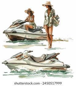 Jet ski water extreme sports, isolated design element for summer vacation activity concept, sea beach vector illustration, active lifestyle adventure