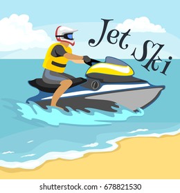 Jet ski water extreme sports, isolated design element for summer vacation activity concept, cartoon wave surfing, sea beach vector illustration, active lifestyle adventure