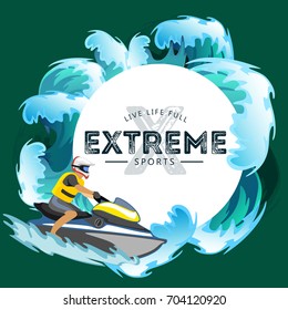 Jet ski water extreme sports, isolated design element for summer vacation activity concept, cartoon wave surfing, sea beach vector illustration, active lifestyle adventure