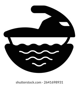 Jet ski at water solid icon, tropical voyage concept. Vector graphics. Motorboat, water transport sign on white background, style mobile or design