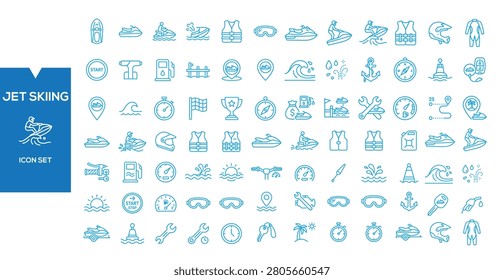 Jet Skiing Icon Set: A comprehensive collection of linear icons representing various aspects of jet skiing, including the watercraft, safety gear, and related activities.