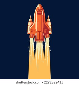 Jet spaceship colorful vintage poster takes off and goes on long intergalactic journey or scientific research expedition vector illustration