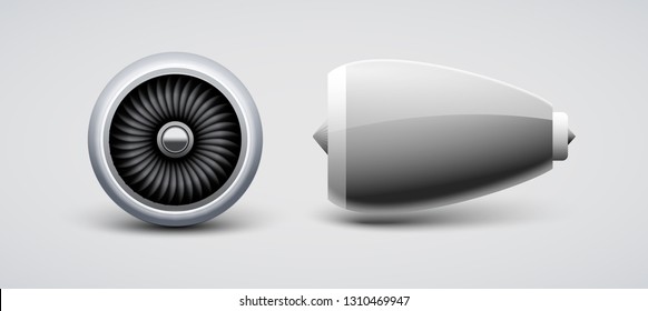 Jet turbine, engine plane vector isolated. Aircraft turbo blade motor. Airplane front side view engine.