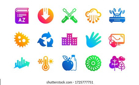 Jet turbine, Wind energy and Cloud services. Company building, Fan engine and Profits chart icons. Classic icon set. Gradient patterns. Quality signs set. Vector