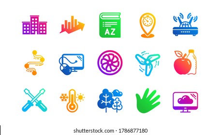 Jet turbine, Wind energy and Cloud services. Timeline path, Fan engine and Profits chart icons. Classic icon set. Gradient patterns. Quality signs set. Vector