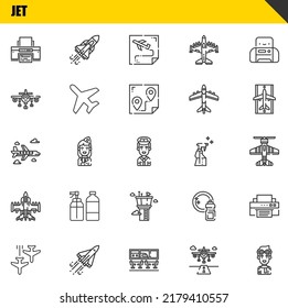 jet vector line icons set. printer, plane and airplane Icons. Thin line design. Modern outline graphic elements, simple stroke symbols stock illustration