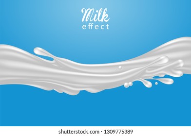 A jet of white milk with splashes on a blue background.3D vector. High detailed realistic illustration