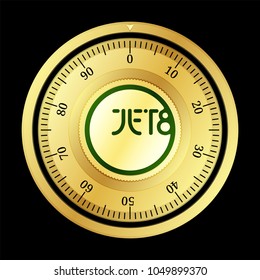 JET8 (J8T) cryptocurrency safe lock. Eps10 vector illustration isolated on black background.