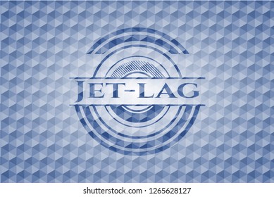 Jet-lag blue badge with geometric pattern.