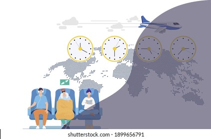 Jetlag concept flat design illustration, world map with different time zone.